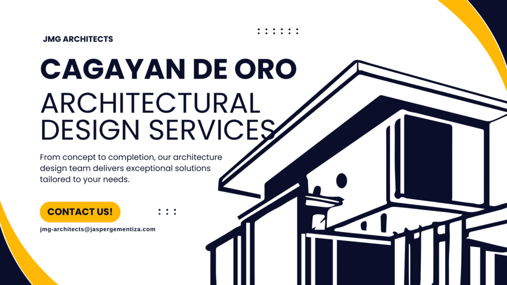 CDO Architectural Design Services by JMG Architects, showcasing a modern architectural design illustration and contact details.