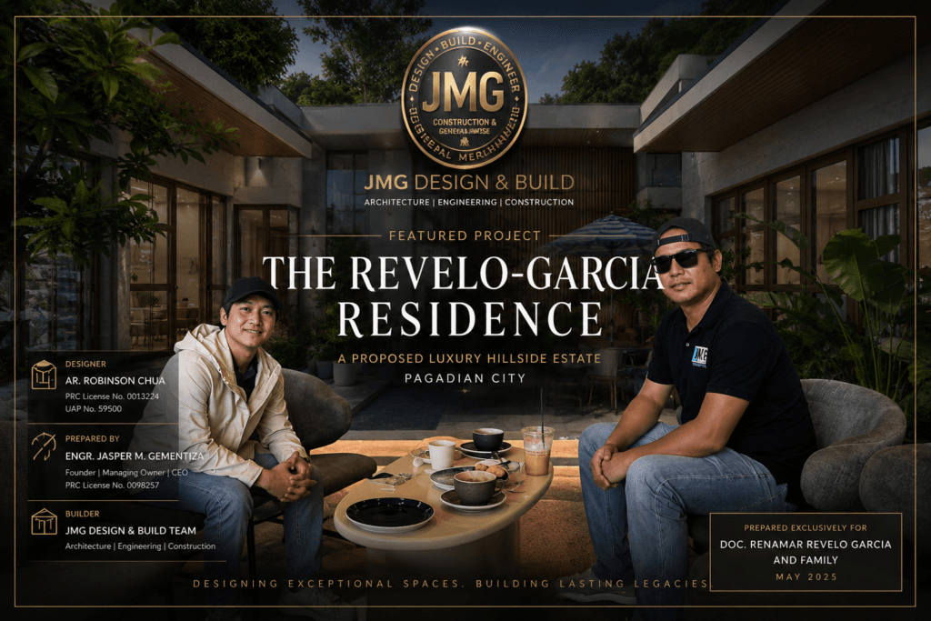 JMG Revelo Garcia Proposal featured cover showing Engr. Jasper M. Gementiza and Ar. Robinson Chua presenting a proposed luxury hillside residence in Pagadian City.