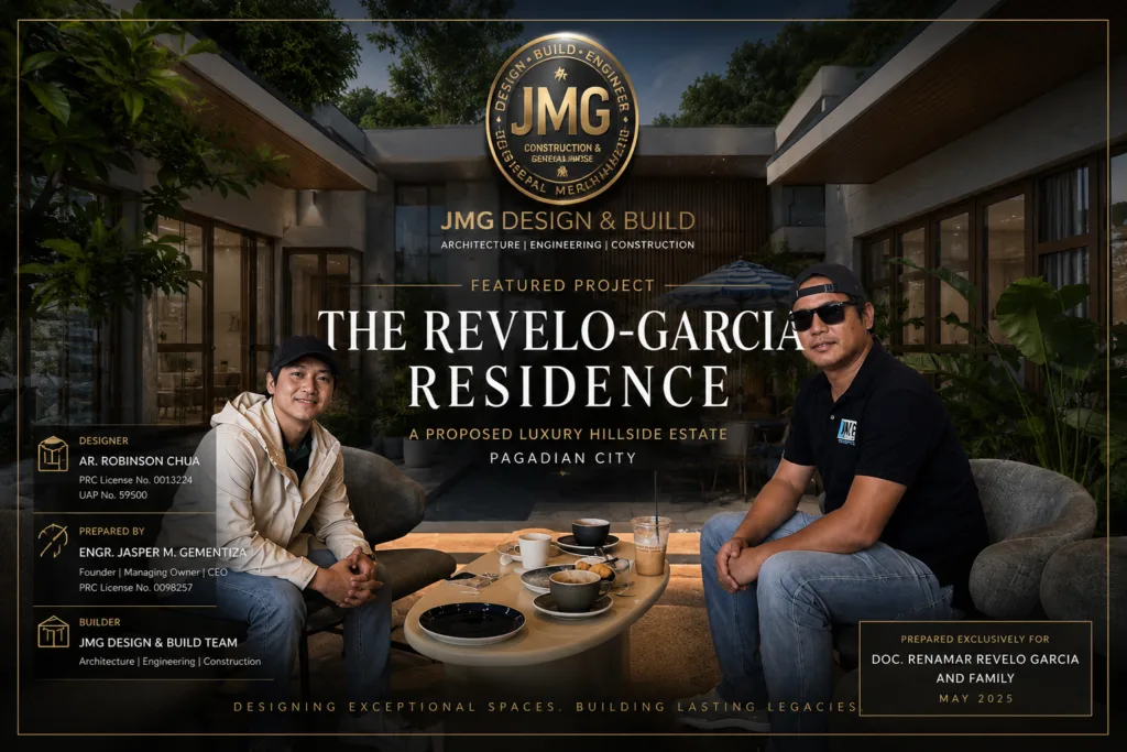 JMG Revelo Garcia Proposal featured cover showing Engr. Jasper M. Gementiza and Ar. Robinson Chua presenting a proposed luxury hillside residence in Pagadian City.