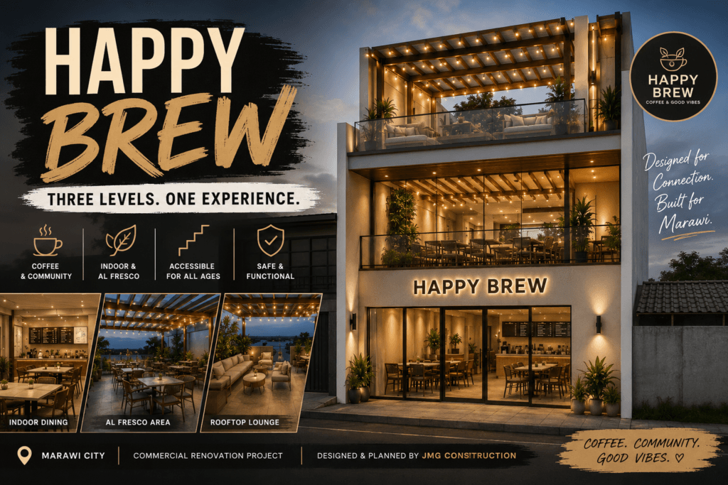 Cafe design Marawi City featuring the Happy Brew modern three-storey café with minimalist architecture, indoor dining, alfresco terrace, rooftop lounge, and contemporary commercial design by JMG Construction.
