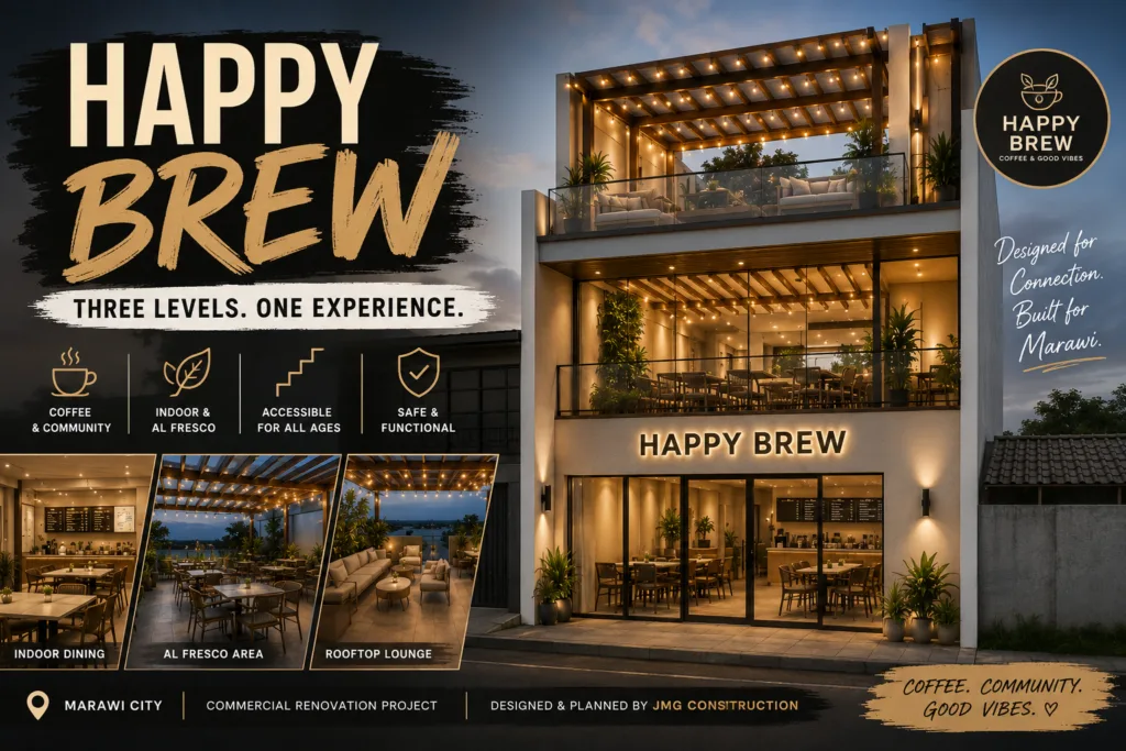 Cafe design Marawi City featuring the Happy Brew modern three-storey café with minimalist architecture, indoor dining, alfresco terrace, rooftop lounge, and contemporary commercial design by JMG Construction.