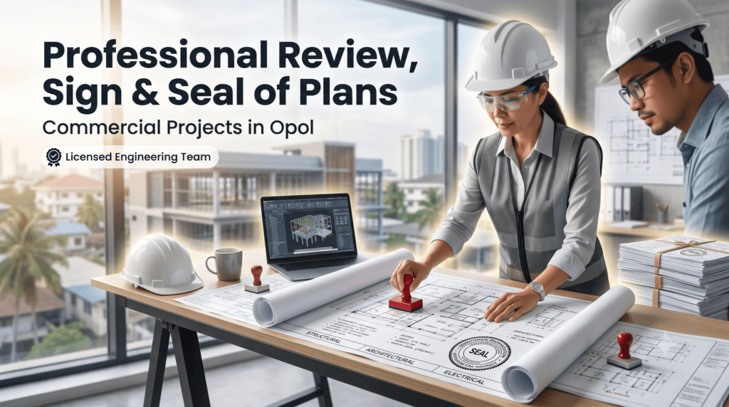Licensed engineers reviewing and stamping commercial building plans in Opol for sign and seal services by JMG Design and Build.
