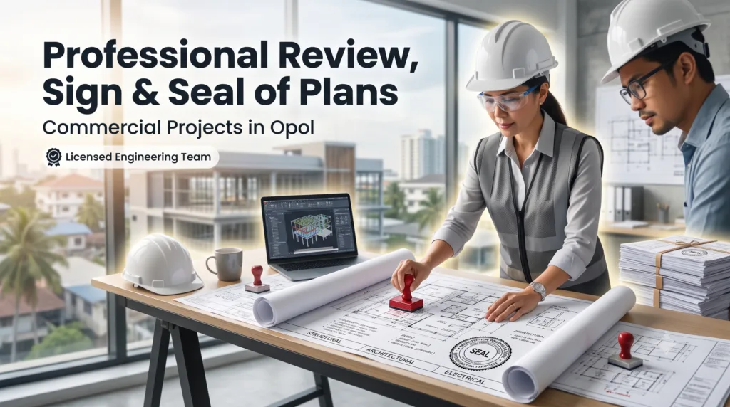 Licensed engineers reviewing and stamping commercial building plans in Opol for sign and seal services by JMG Design and Build.