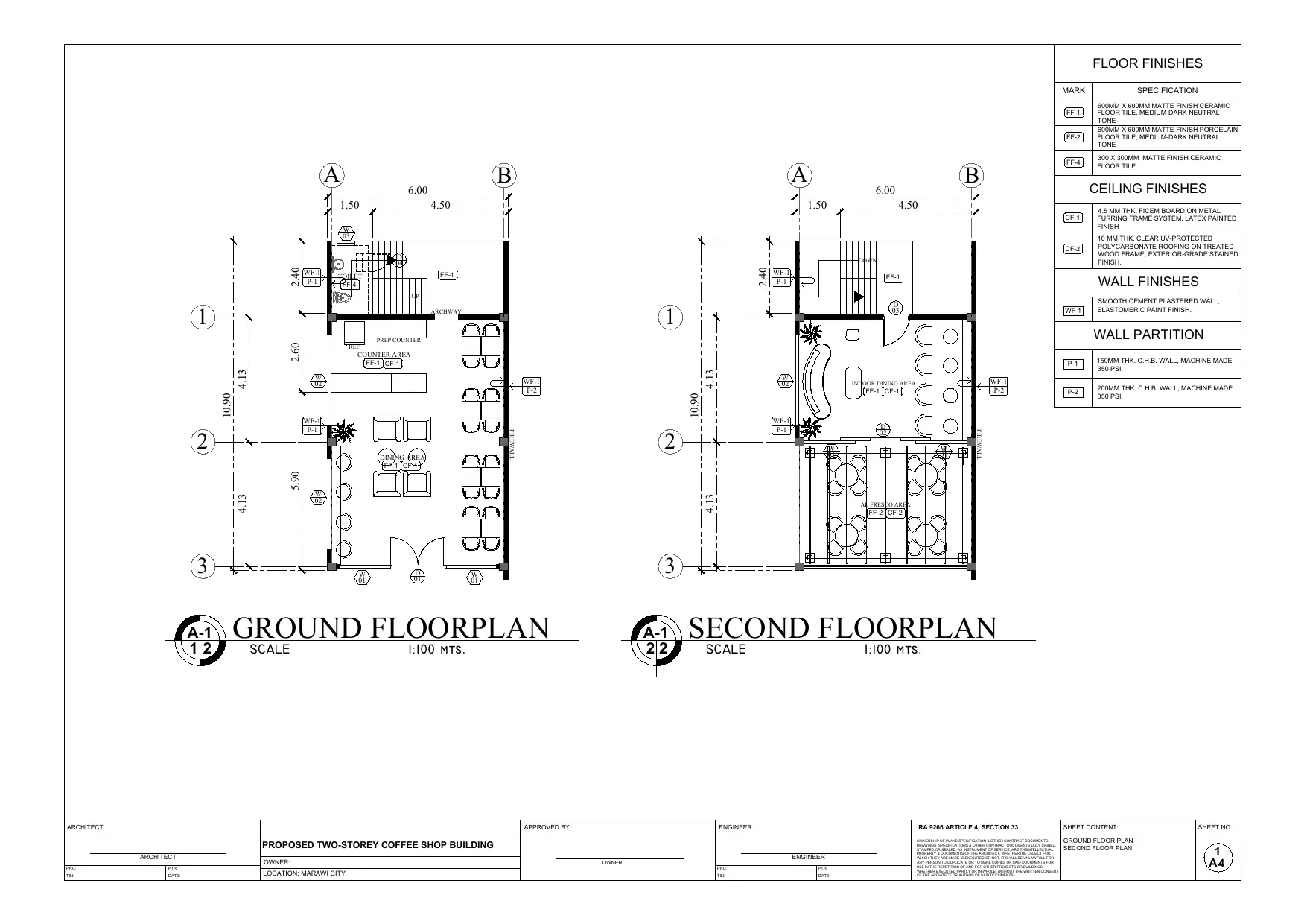 Sheet A-1 ground floor and second floor plan architectural working drawing, Happi Brew Main Marawi City