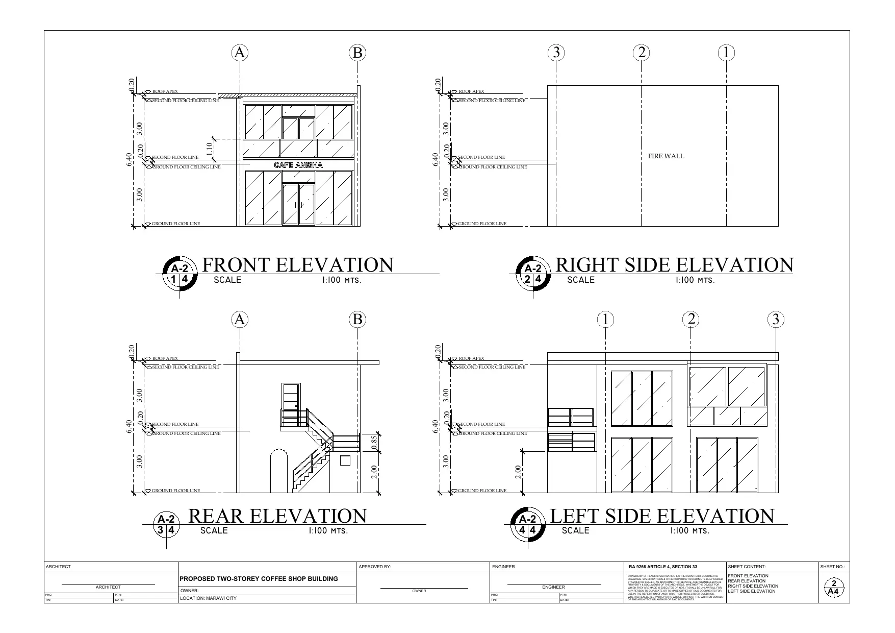 Sheet A-2 front rear and side elevations architectural working drawing, Happi Brew Main Marawi City