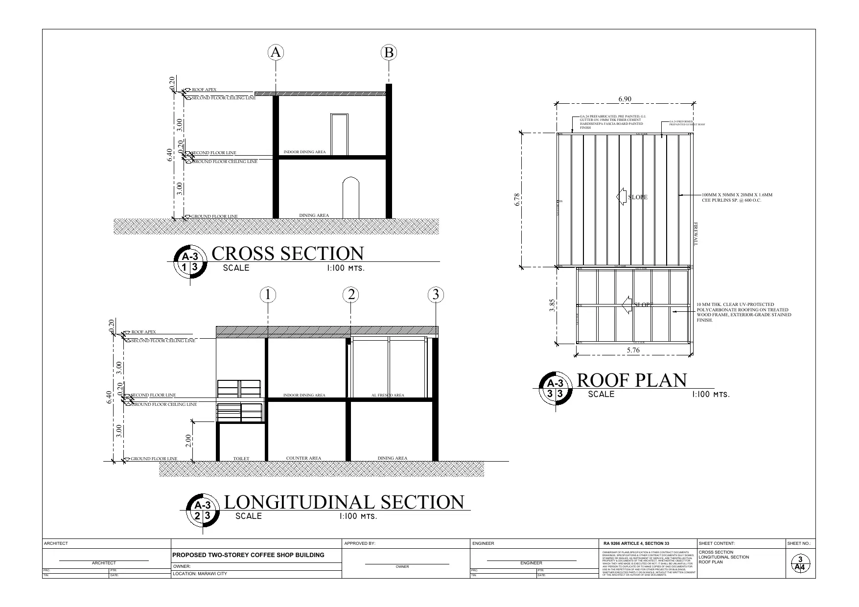 Sheet A-3 cross section longitudinal section and roof plan architectural working drawing, Happi Brew Main