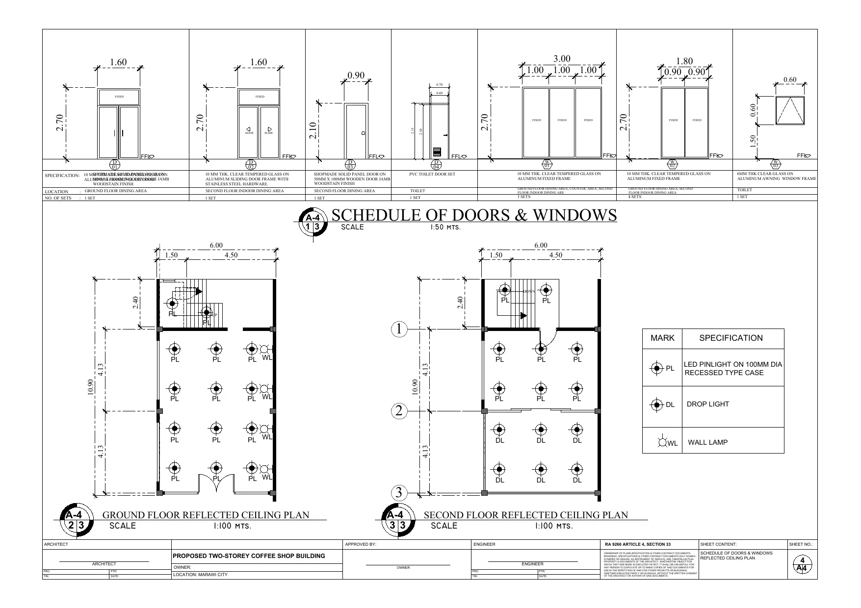 Sheet A-4 door window schedule and reflected ceiling plan architectural working drawing, Happi Brew Main