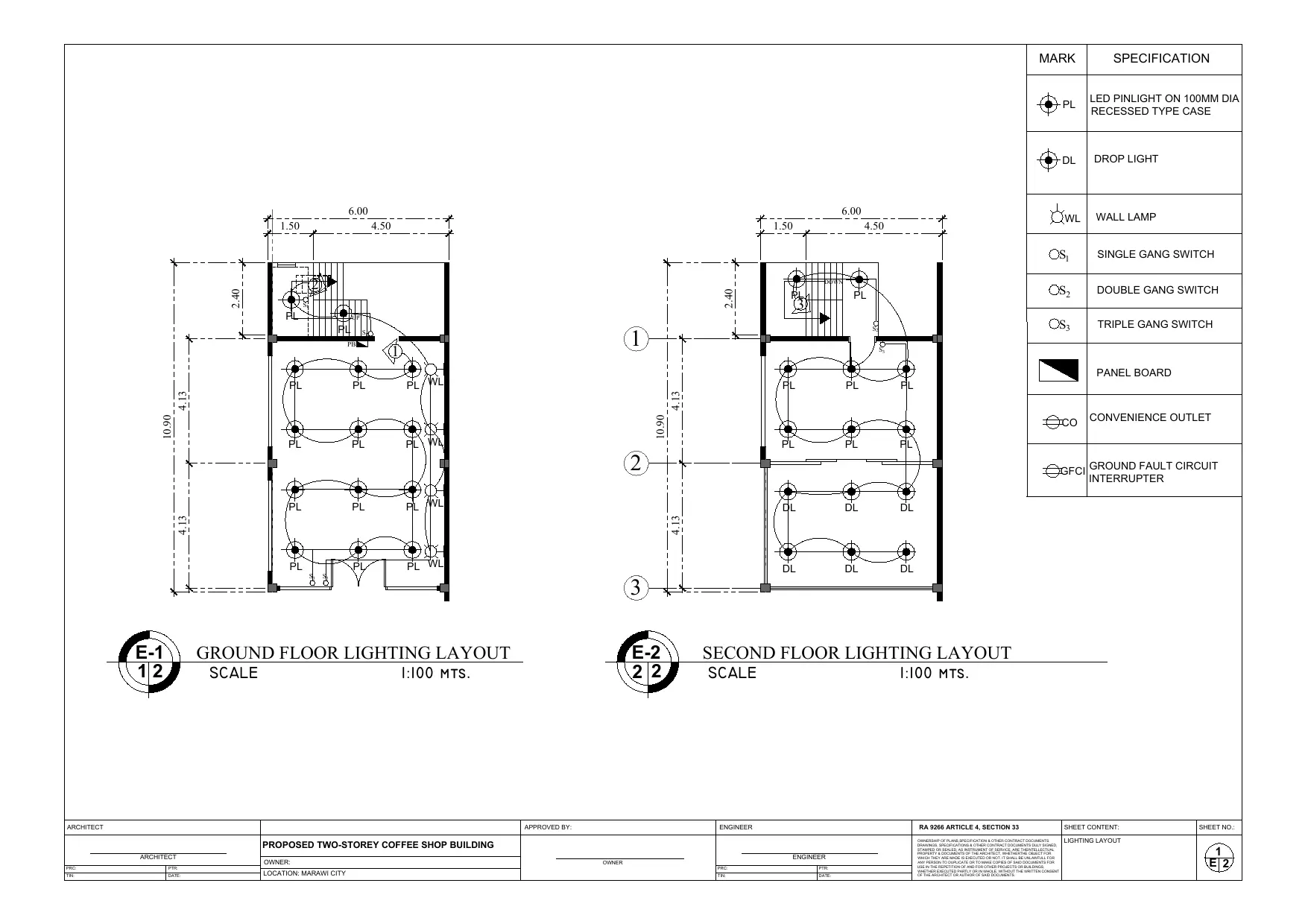 Sheet E-1 lighting layout ground and second floor electrical working drawing, Happi Brew Main