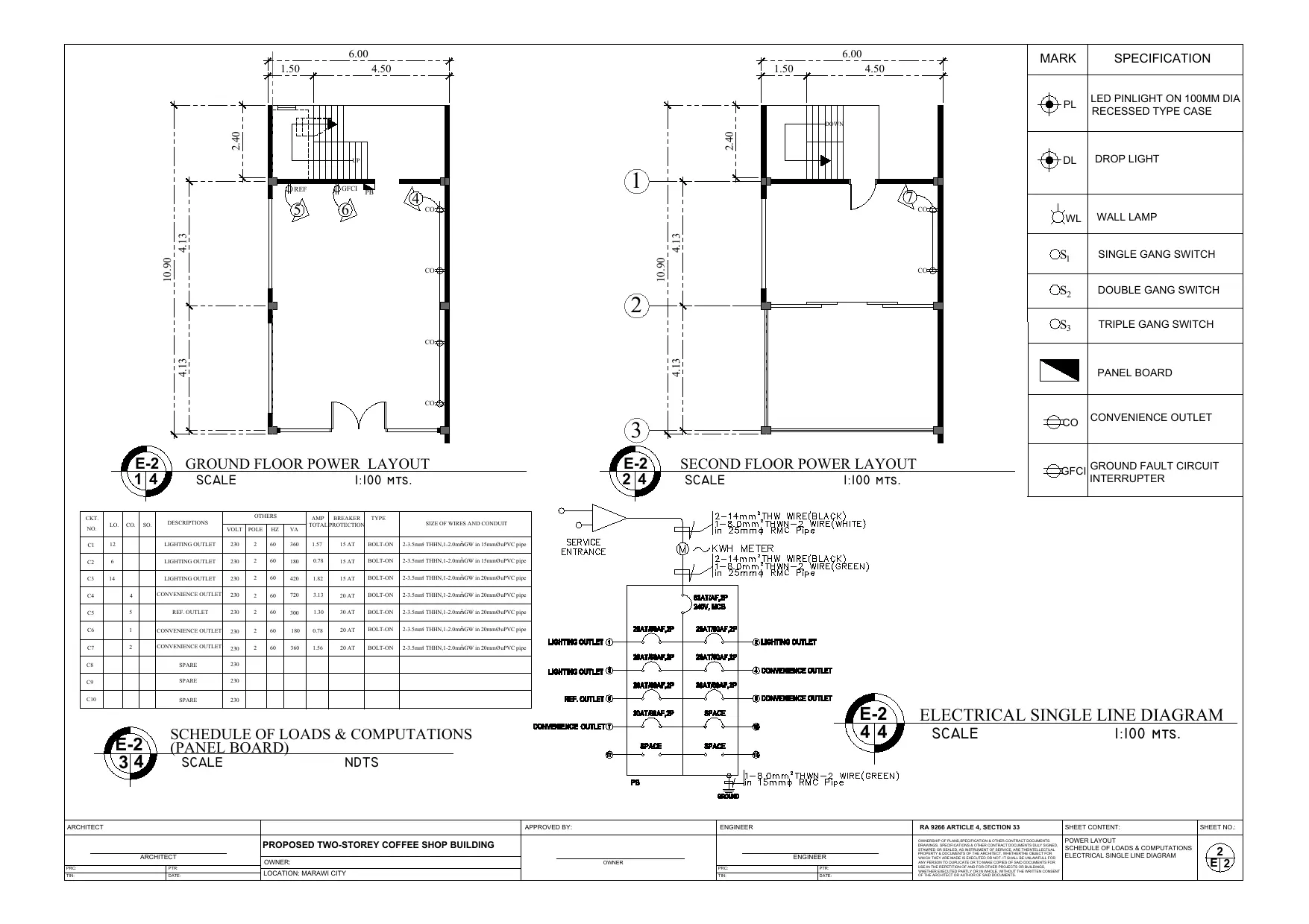 Sheet E-2 power layout schedule of loads and single line diagram electrical working drawing, Happi Brew Main