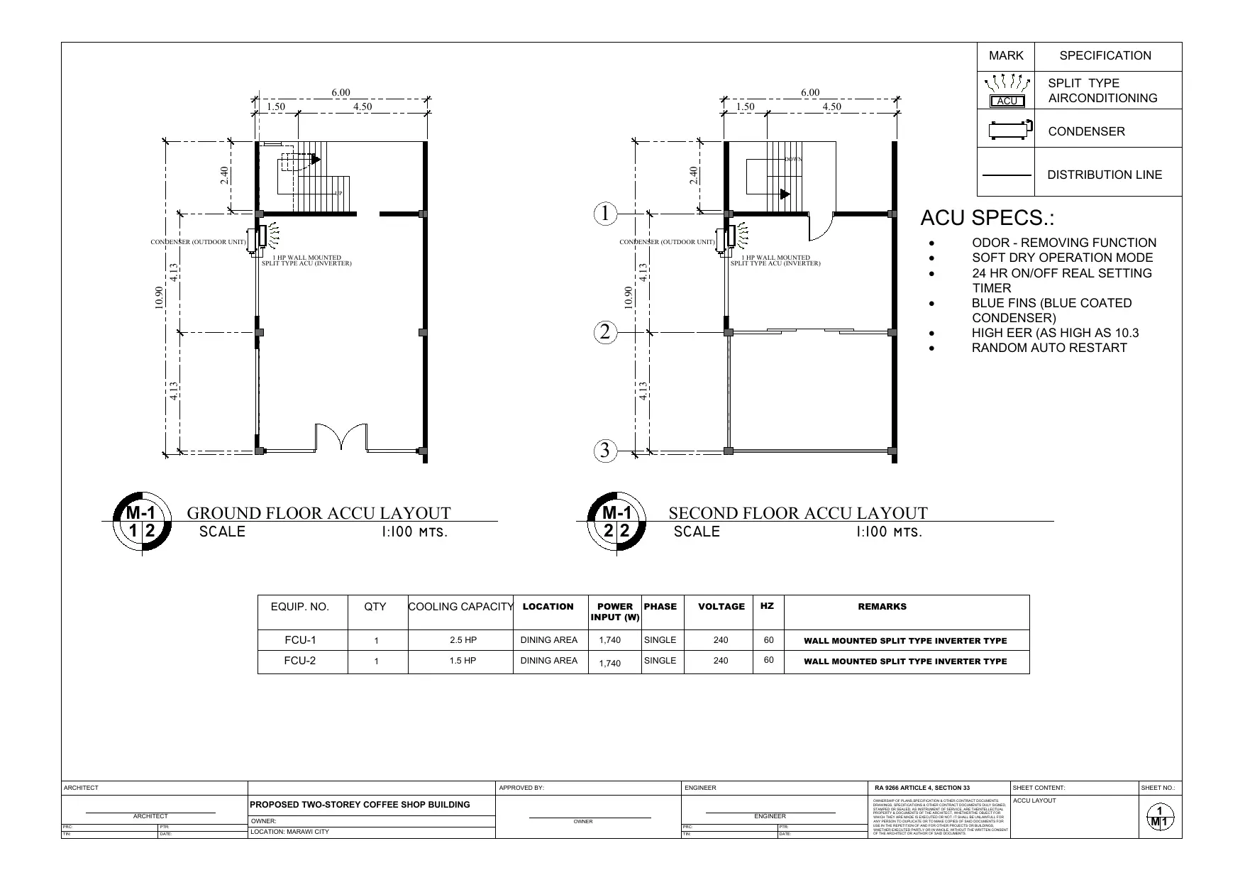Sheet M-1 airconditioning ACCU layout mechanical working drawing, Happi Brew Main