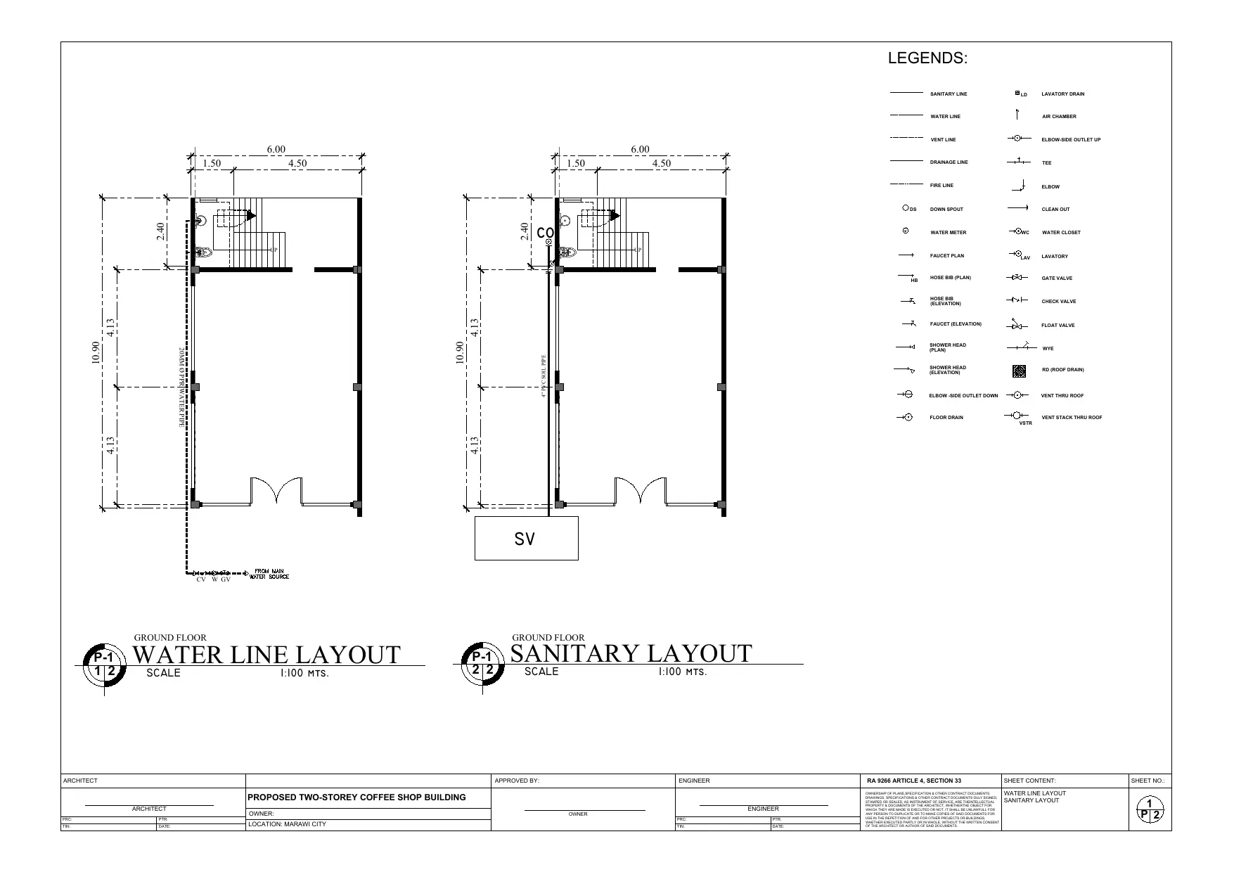 Sheet P-1 water line and sanitary layout plumbing working drawing, Happi Brew Main