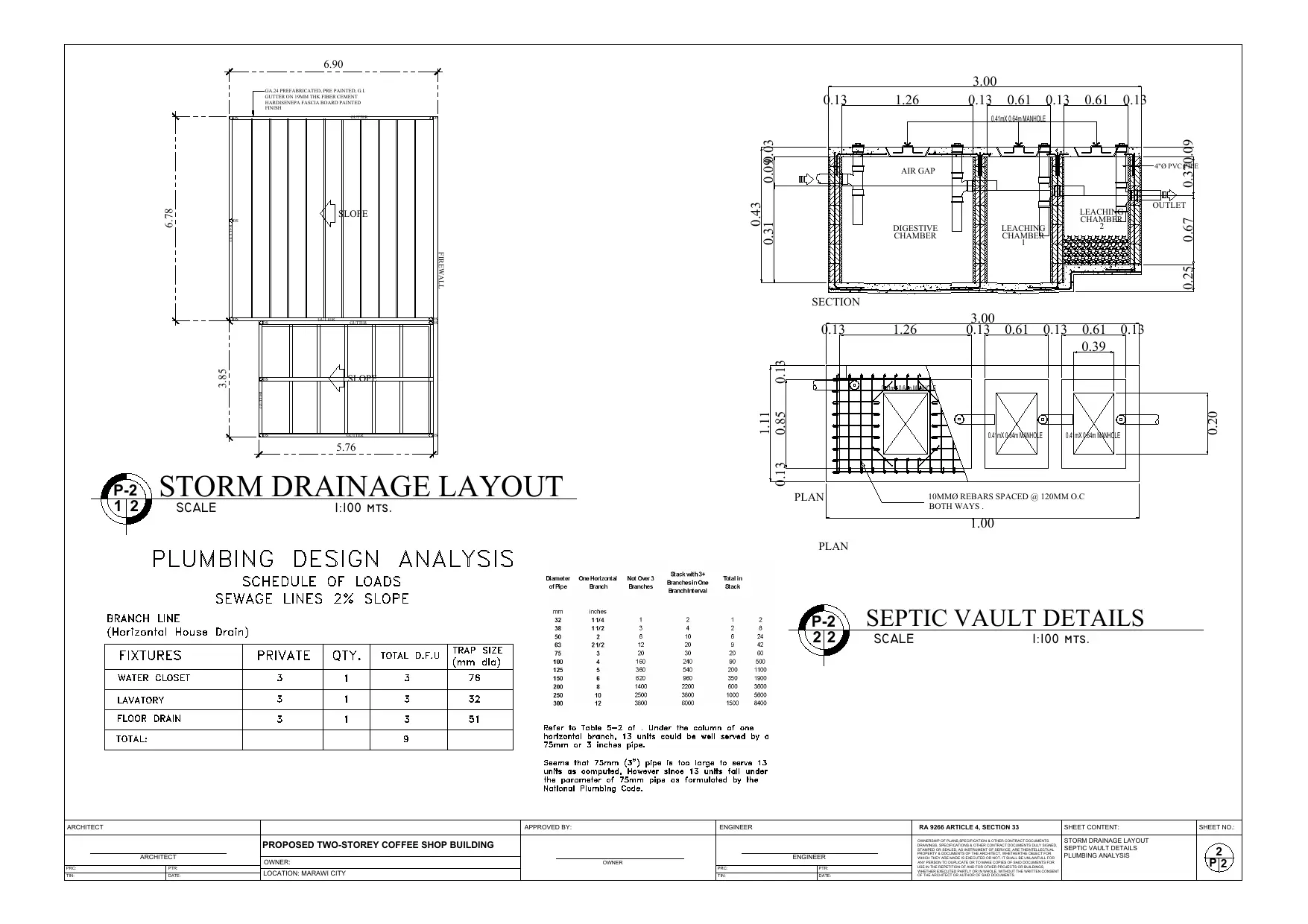 Sheet P-2 storm drainage and septic vault details plumbing working drawing, Happi Brew Main