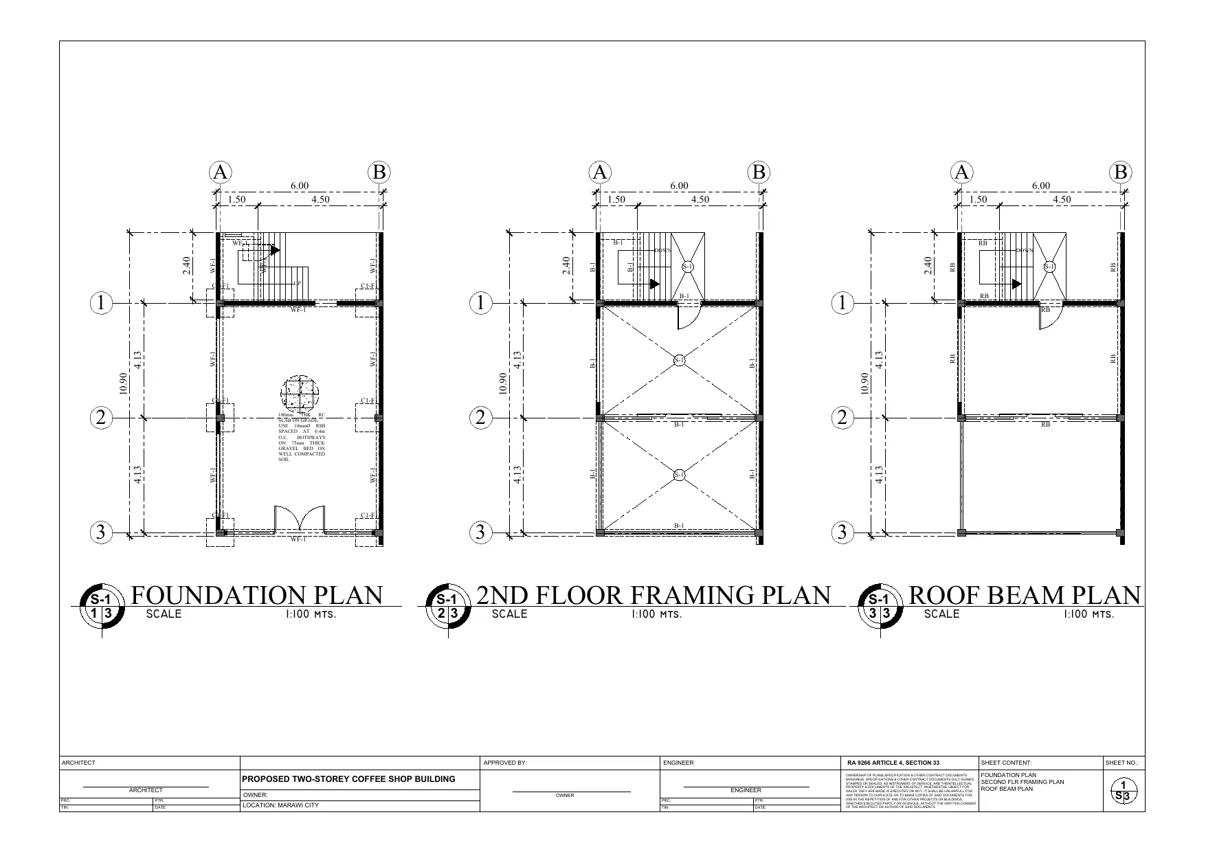 Sheet S-1 foundation plan second floor framing and roof beam structural working drawing, Happi Brew Main