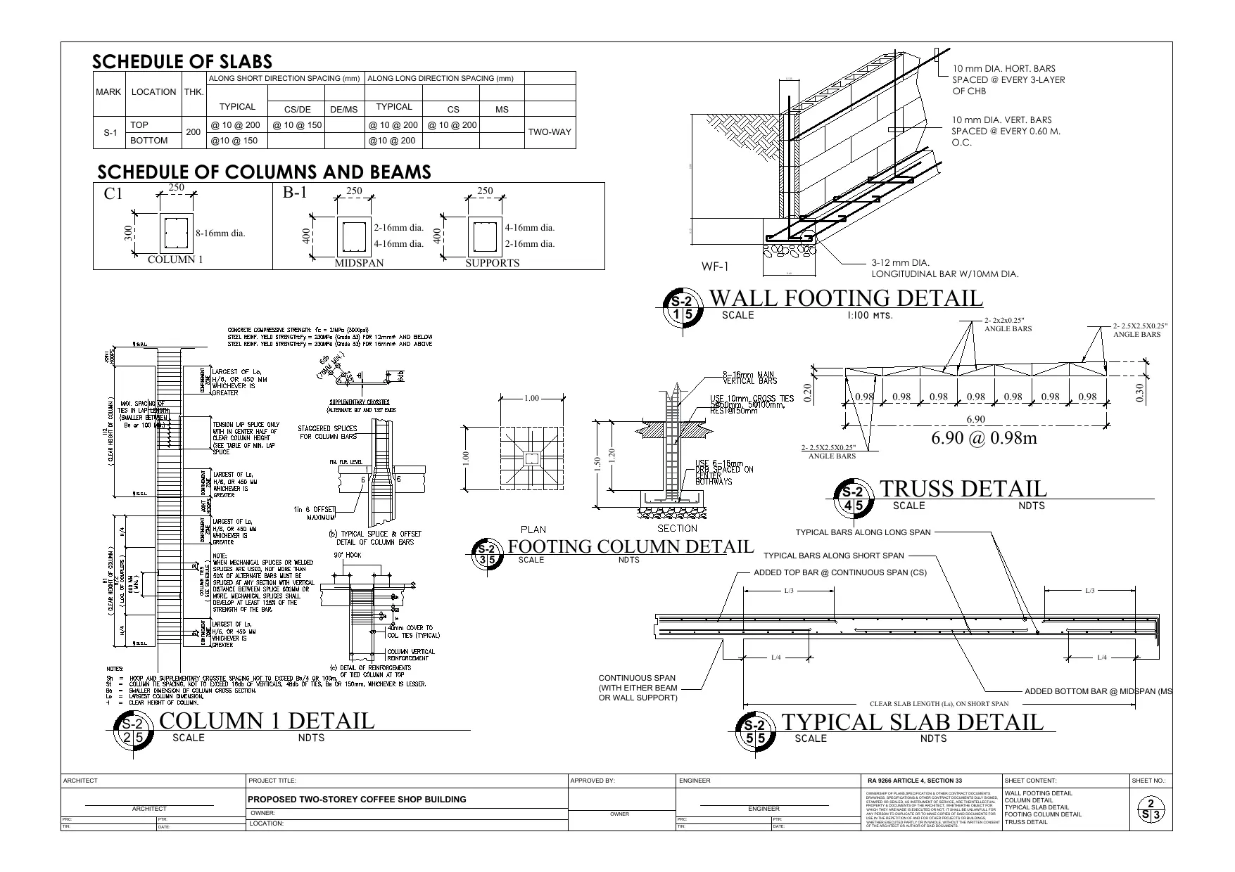 Sheet S-2 wall footing column slab and truss structural details working drawing, Happi Brew Main