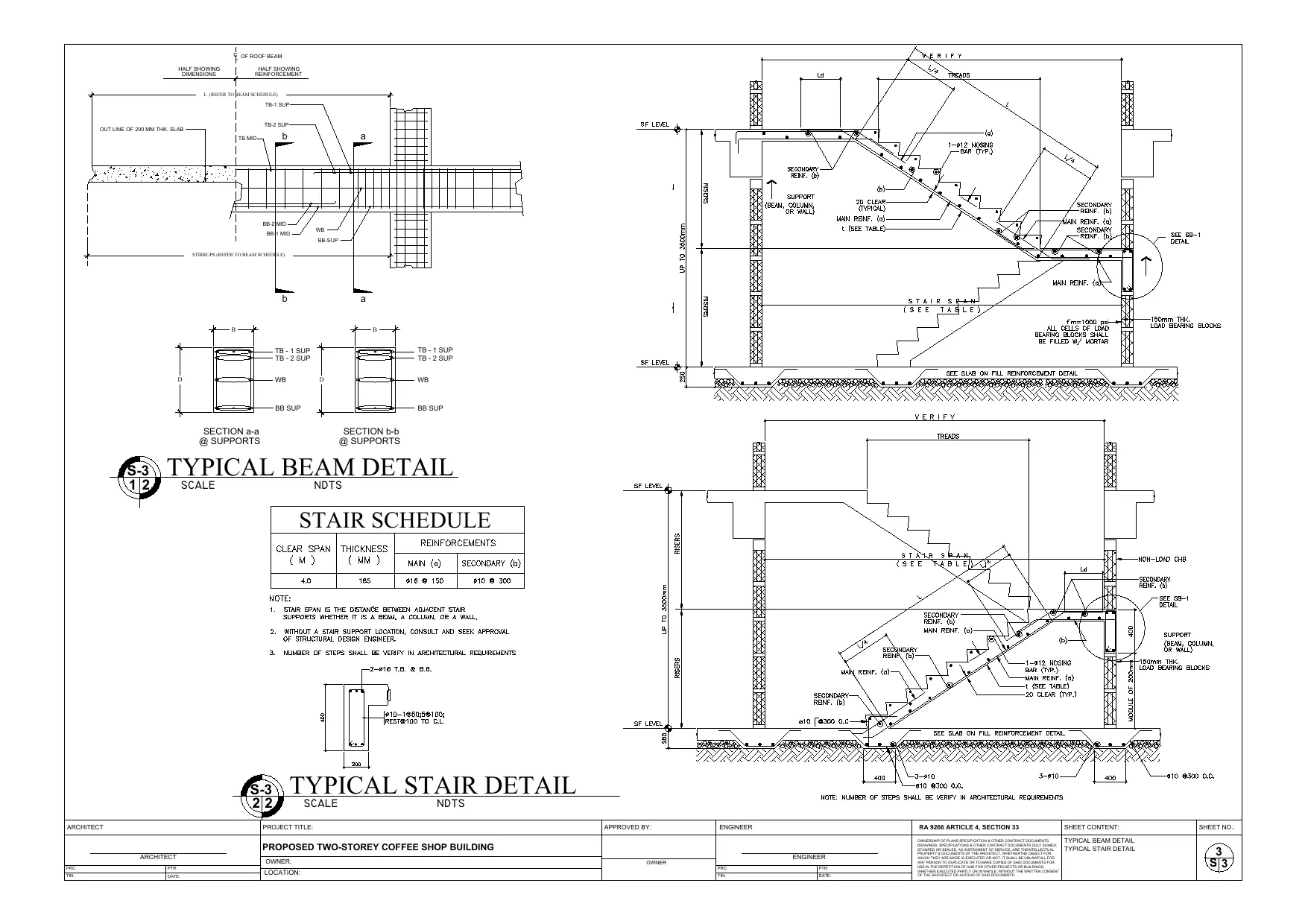 Sheet S-3 typical beam detail and stair detail structural working drawing, Happi Brew Main