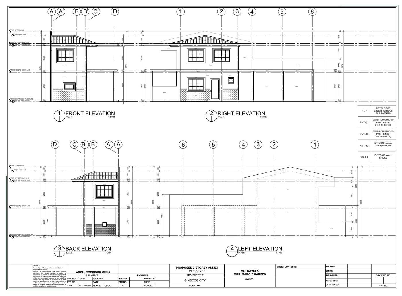 Karsen Annex — Building Elevations, Sheet 04 Front, side and back elevations of the Karsen Residence annex, a premium home renovation and design-build project in Gingoog City
